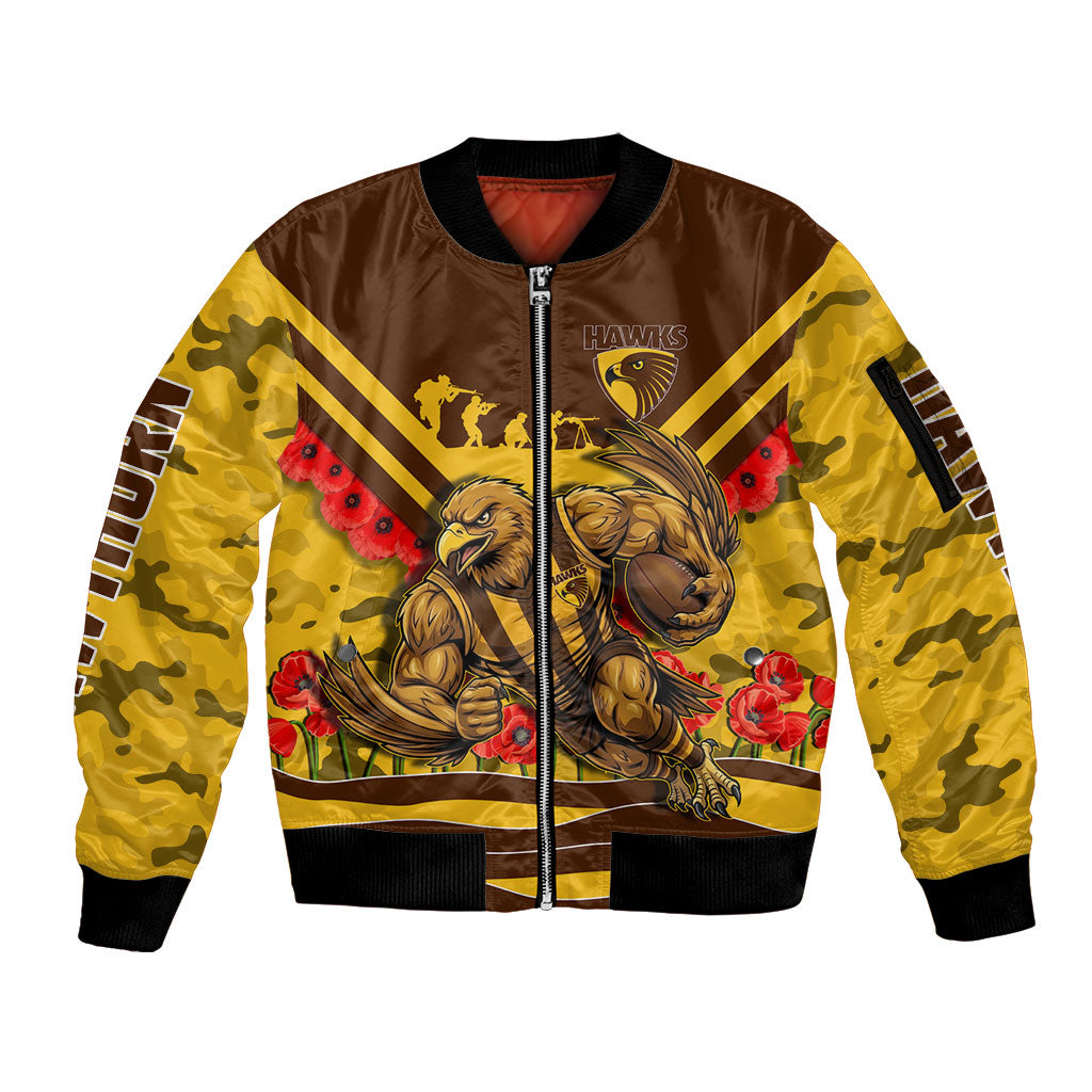 Personalised Hawthorn Hawks ANZAC Sleeve Zip Bomber Jacket Military Remembrance Australian Football Mascot Camouflage