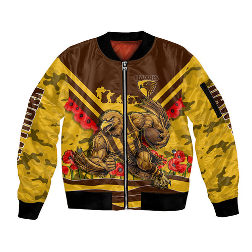 Personalised Hawthorn Hawks ANZAC Sleeve Zip Bomber Jacket Military Remembrance Australian Football Mascot Camouflage