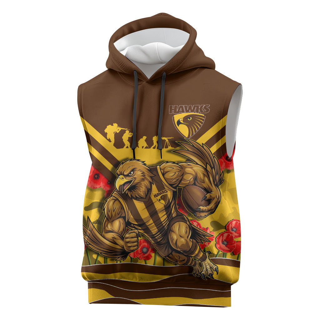 Personalised Hawthorn Hawks ANZAC Sleeveless Hoodie Military Remembrance Australian Football Mascot Camouflage
