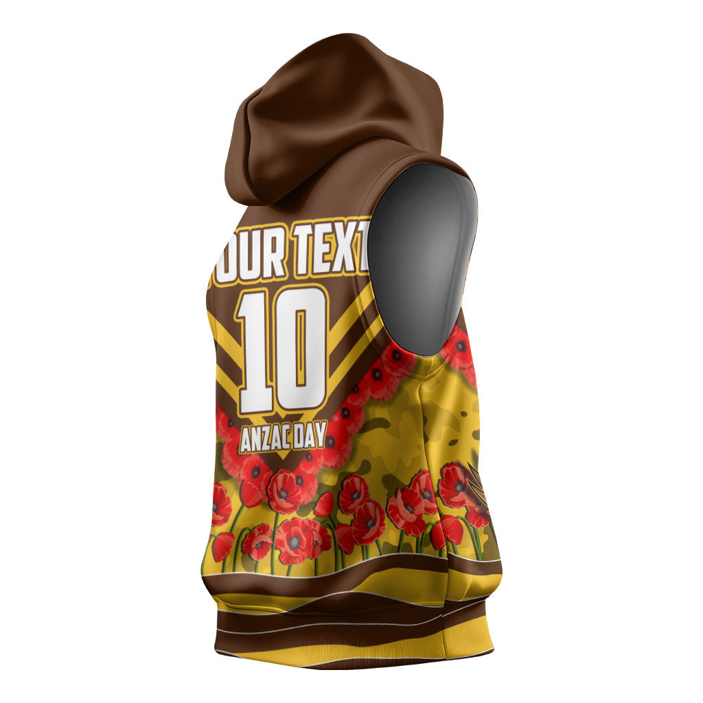 Personalised Hawthorn Hawks ANZAC Sleeveless Hoodie Military Remembrance Australian Football Mascot Camouflage