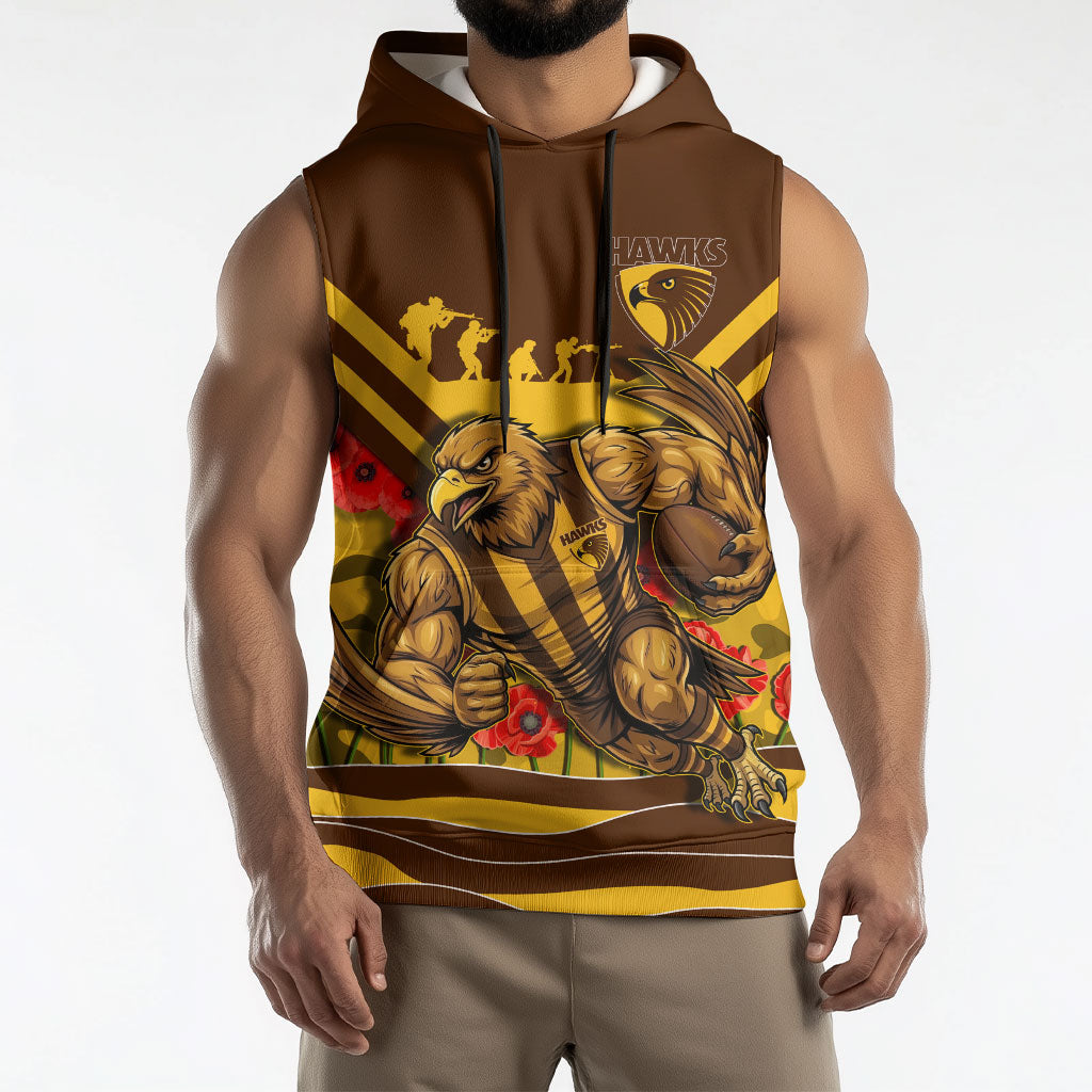 Personalised Hawthorn Hawks ANZAC Sleeveless Hoodie Military Remembrance Australian Football Mascot Camouflage