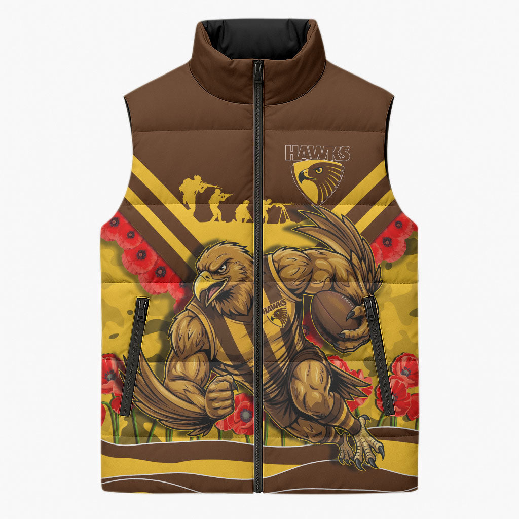 Personalised Hawthorn Hawks ANZAC Sleeveless Puffer Jacket Military Remembrance Australian Football Mascot Camouflage