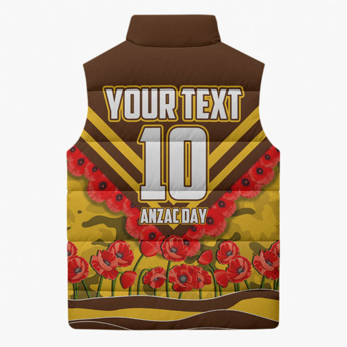 Personalised Hawthorn Hawks ANZAC Sleeveless Puffer Jacket Military Remembrance Australian Football Mascot Camouflage