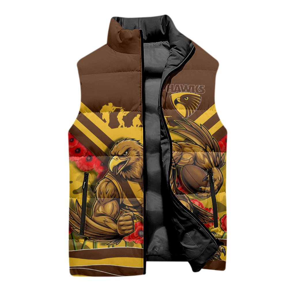 Personalised Hawthorn Hawks ANZAC Sleeveless Puffer Jacket Military Remembrance Australian Football Mascot Camouflage