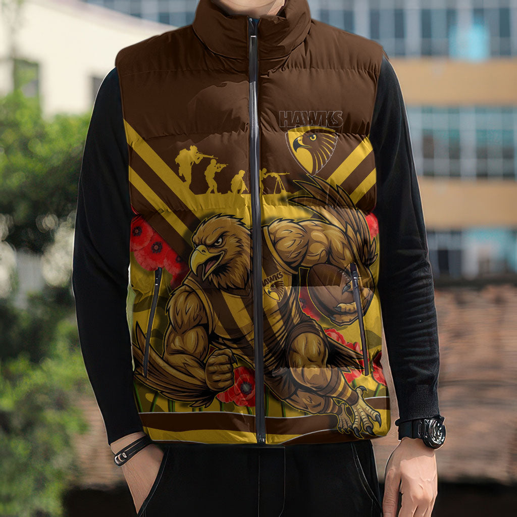 Personalised Hawthorn Hawks ANZAC Sleeveless Puffer Jacket Military Remembrance Australian Football Mascot Camouflage