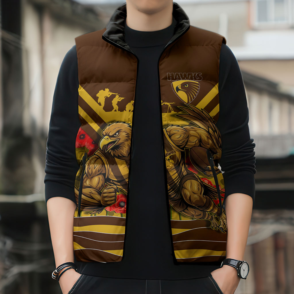 Personalised Hawthorn Hawks ANZAC Sleeveless Puffer Jacket Military Remembrance Australian Football Mascot Camouflage