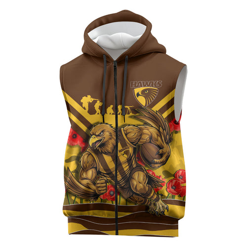 Personalised Hawthorn Hawks ANZAC Sleeveless Zip Hoodie Military Remembrance Australian Football Mascot Camouflage