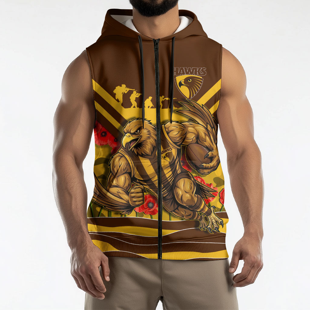 Personalised Hawthorn Hawks ANZAC Sleeveless Zip Hoodie Military Remembrance Australian Football Mascot Camouflage