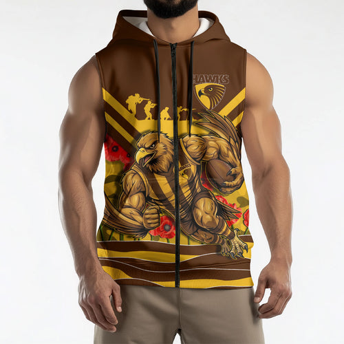 Personalised Hawthorn Hawks ANZAC Sleeveless Zip Hoodie Military Remembrance Australian Football Mascot Camouflage