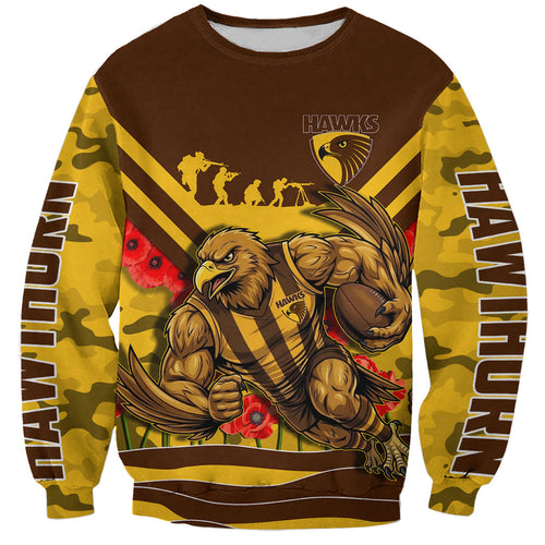 Personalised Hawthorn Hawks ANZAC Sweatshirt Military Remembrance Australian Football Mascot Camouflage
