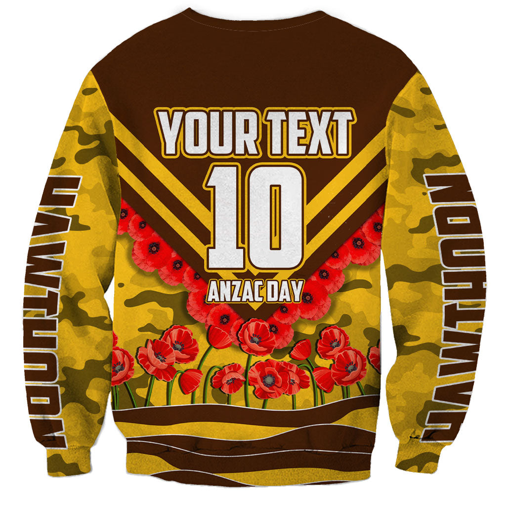 Personalised Hawthorn Hawks ANZAC Sweatshirt Military Remembrance Australian Football Mascot Camouflage