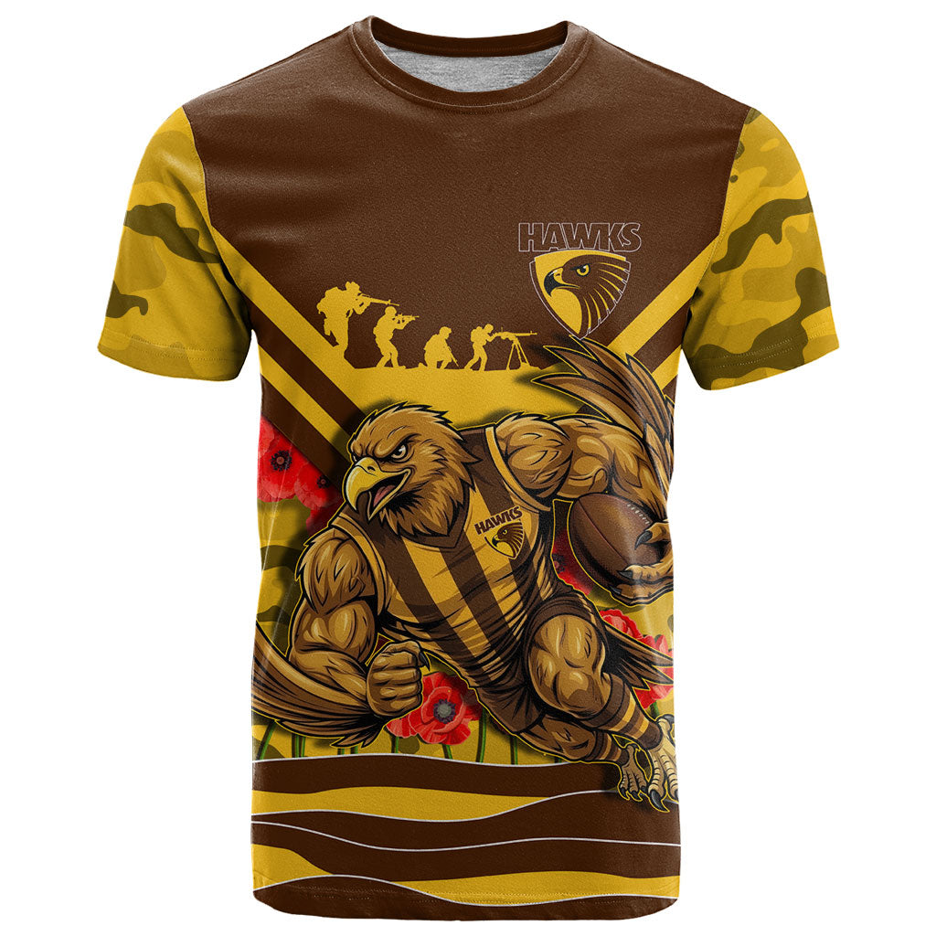 Personalised Hawthorn Hawks ANZAC T Shirt Military Remembrance Australian Football Mascot Camouflage