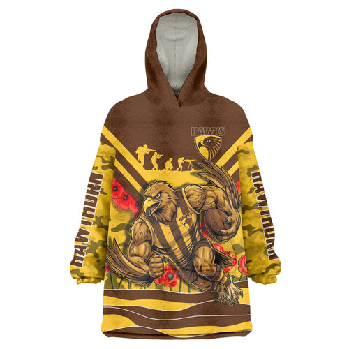 Personalised Hawthorn Hawks ANZAC Wearable Blanket Hoodie Military Remembrance Australian Football Mascot Camouflage