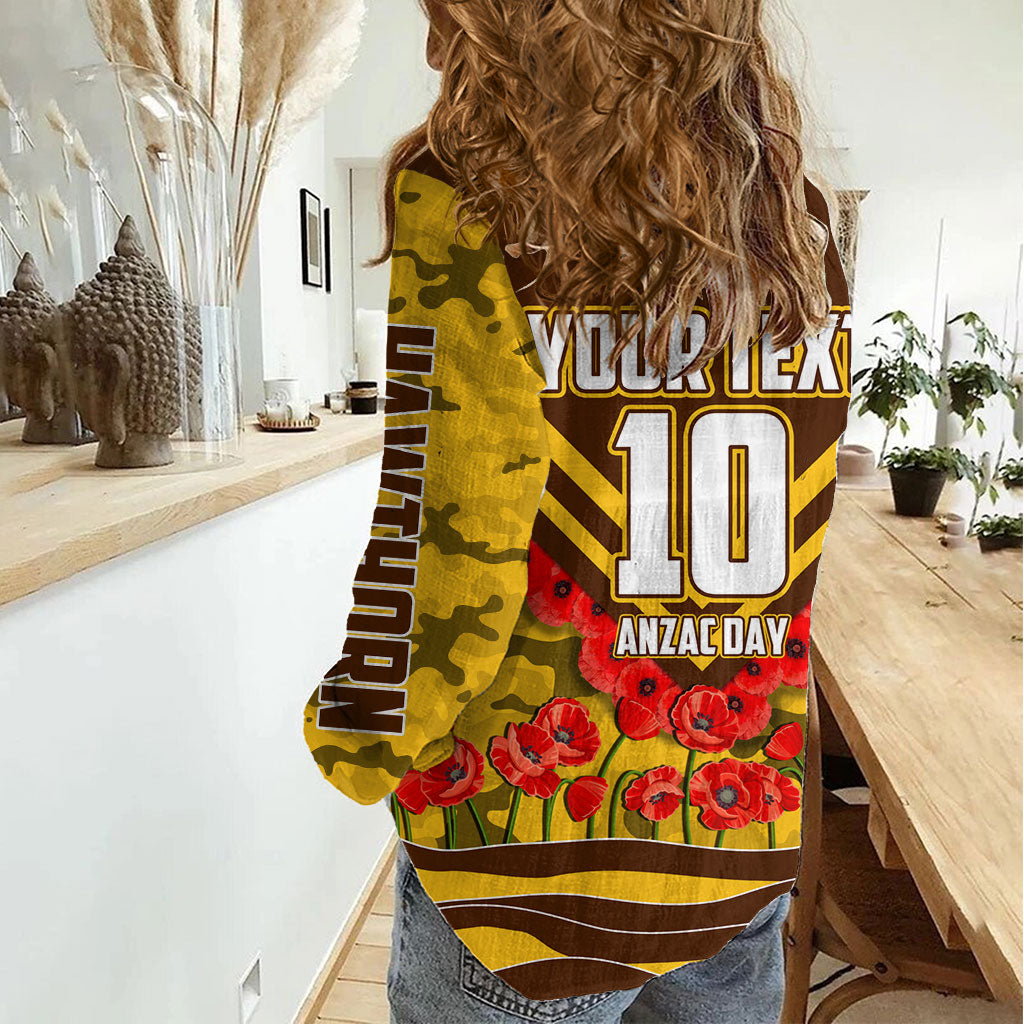 Personalised Hawthorn Hawks ANZAC Women Casual Shirt Military Remembrance Australian Football Mascot Camouflage