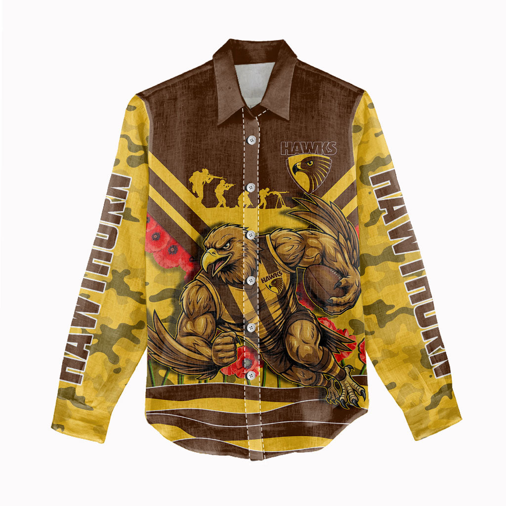 Personalised Hawthorn Hawks ANZAC Women Casual Shirt Military Remembrance Australian Football Mascot Camouflage