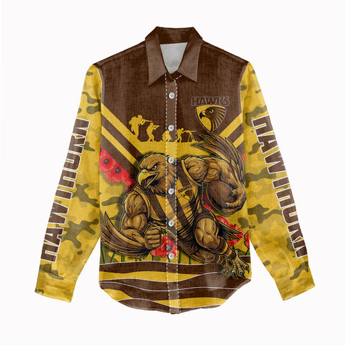 Personalised Hawthorn Hawks ANZAC Women Casual Shirt Military Remembrance Australian Football Mascot Camouflage