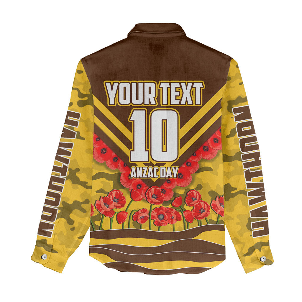 Personalised Hawthorn Hawks ANZAC Women Casual Shirt Military Remembrance Australian Football Mascot Camouflage