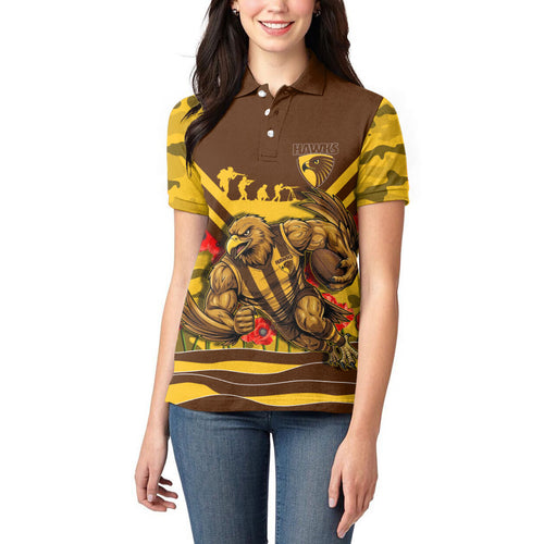 Personalised Hawthorn Hawks ANZAC Women Polo Shirt Military Remembrance Australian Football Mascot Camouflage
