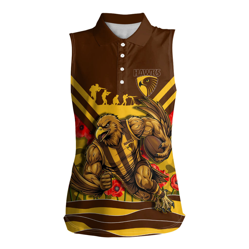 Personalised Hawthorn Hawks ANZAC Women Sleeveless Polo Shirt Military Remembrance Australian Football Mascot Camouflage