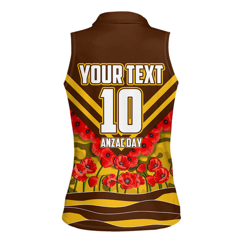 Personalised Hawthorn Hawks ANZAC Women Sleeveless Polo Shirt Military Remembrance Australian Football Mascot Camouflage