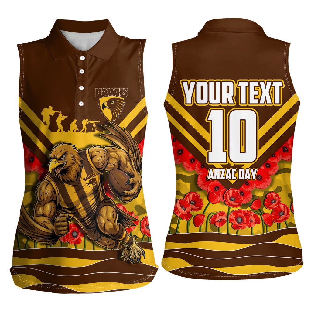 Personalised Hawthorn Hawks ANZAC Women Sleeveless Polo Shirt Military Remembrance Australian Football Mascot Camouflage