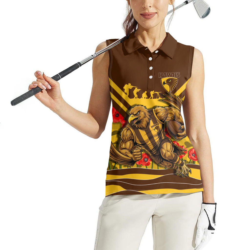 Personalised Hawthorn Hawks ANZAC Women Sleeveless Polo Shirt Military Remembrance Australian Football Mascot Camouflage