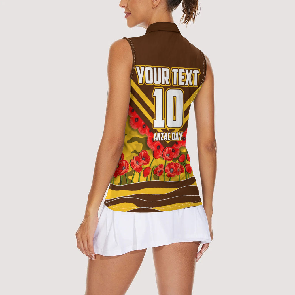 Personalised Hawthorn Hawks ANZAC Women Sleeveless Polo Shirt Military Remembrance Australian Football Mascot Camouflage