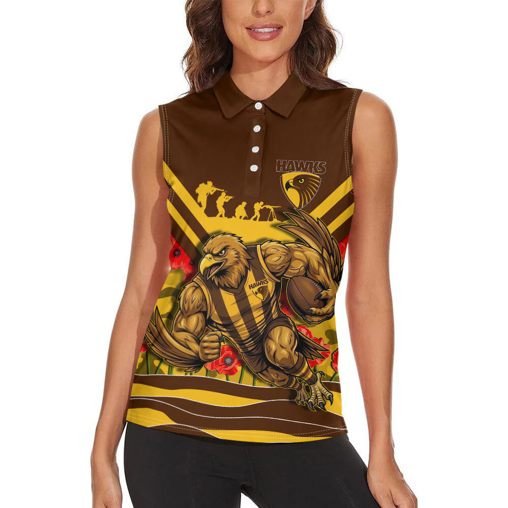 Personalised Hawthorn Hawks ANZAC Women Sleeveless Polo Shirt Military Remembrance Australian Football Mascot Camouflage