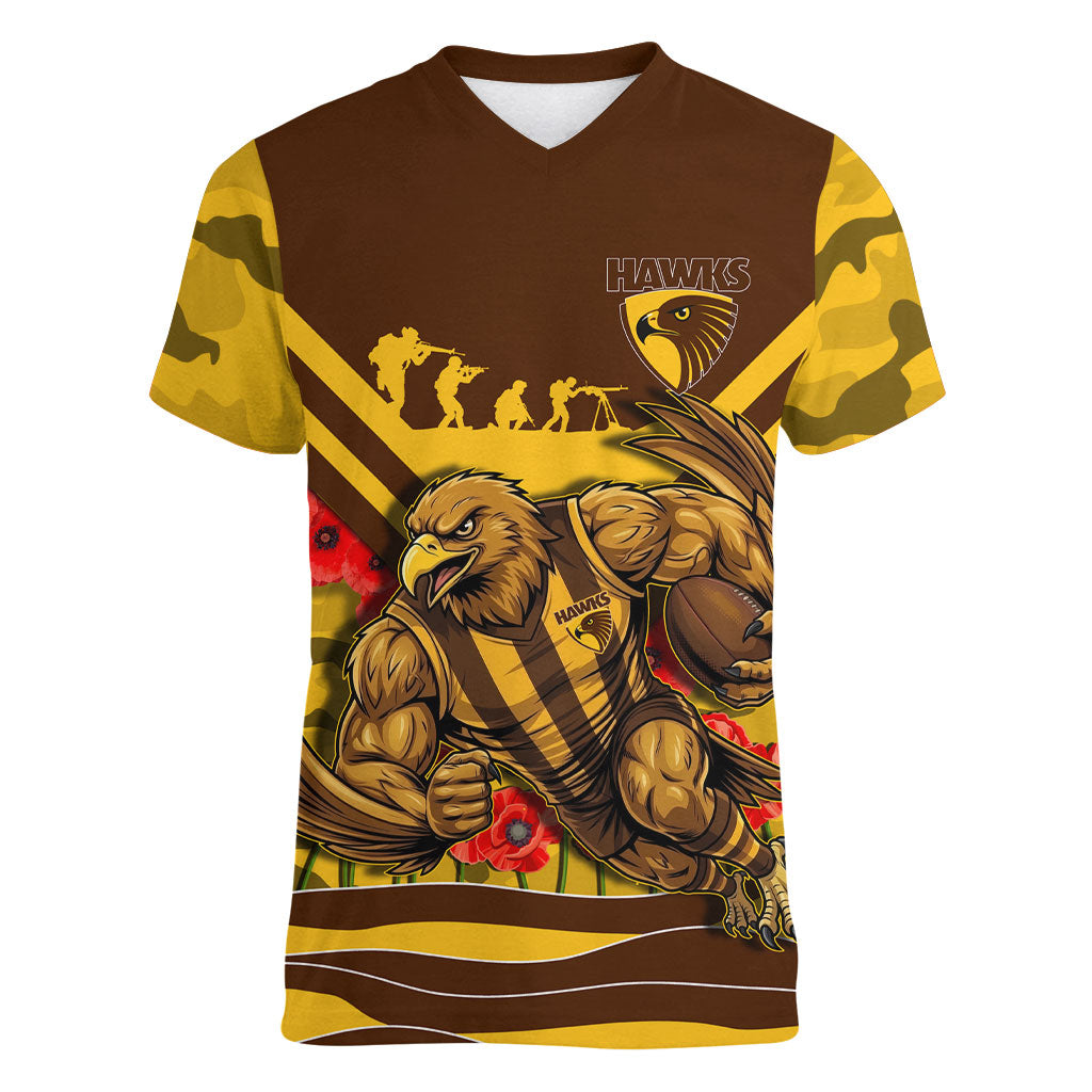 Personalised Hawthorn Hawks ANZAC Women V-Neck T-Shirt Military Remembrance Australian Football Mascot Camouflage