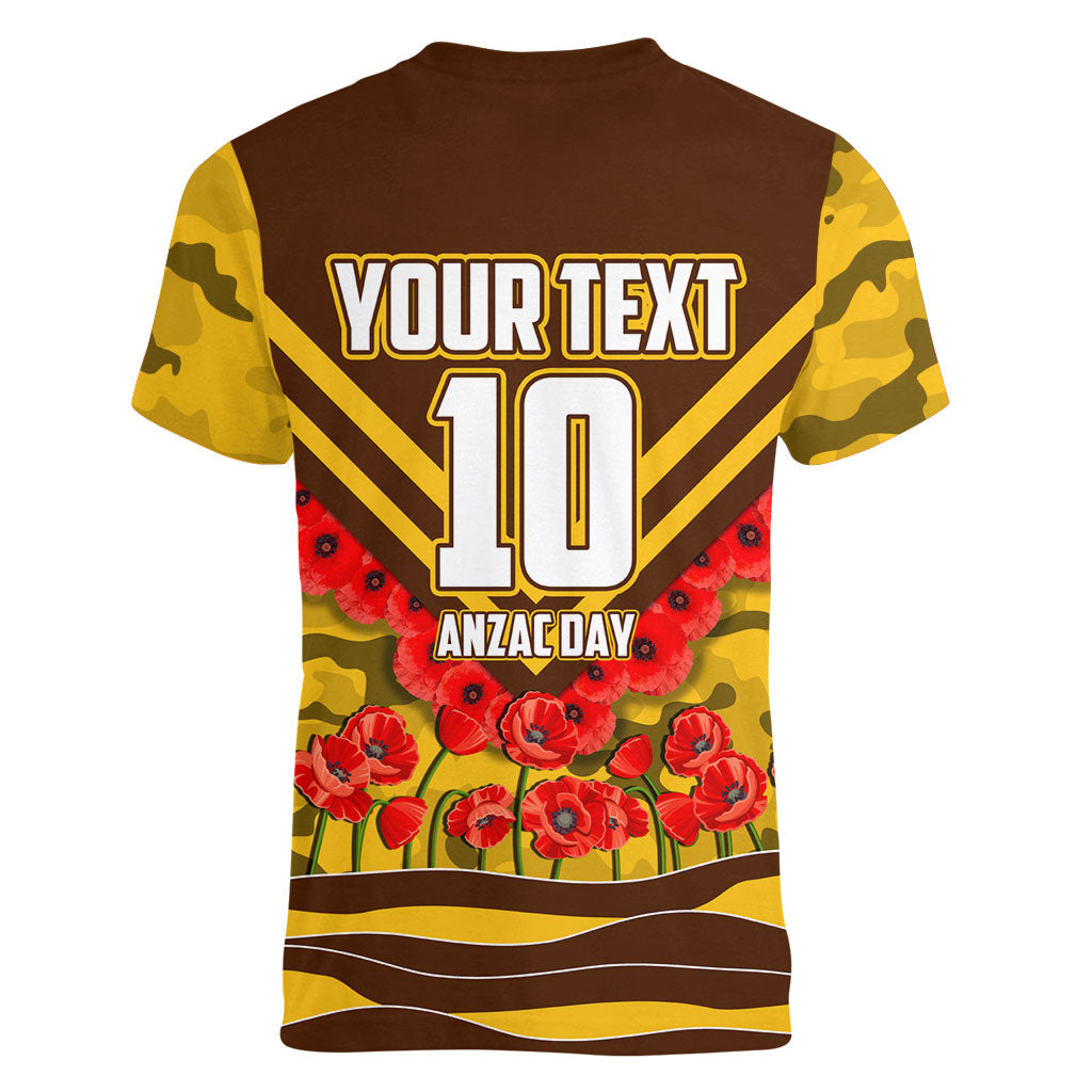 Personalised Hawthorn Hawks ANZAC Women V-Neck T-Shirt Military Remembrance Australian Football Mascot Camouflage