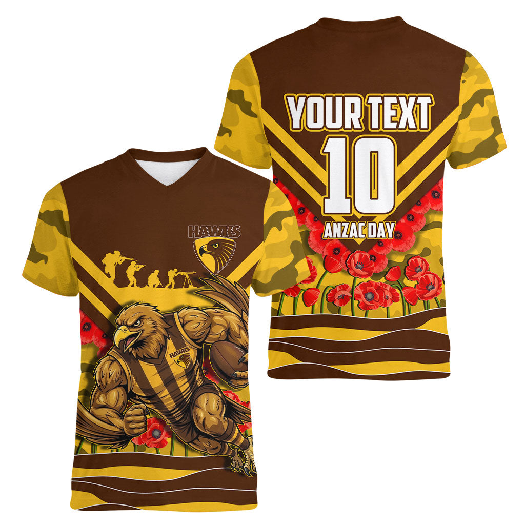 Personalised Hawthorn Hawks ANZAC Women V-Neck T-Shirt Military Remembrance Australian Football Mascot Camouflage