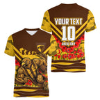 Personalised Hawthorn Hawks ANZAC Women V-Neck T-Shirt Military Remembrance Australian Football Mascot Camouflage