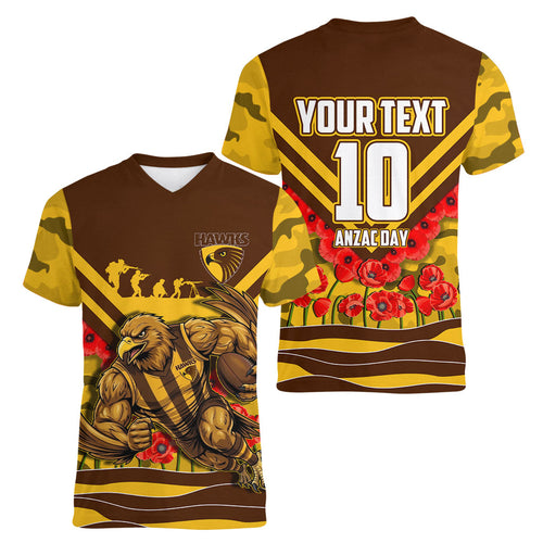 Personalised Hawthorn Hawks ANZAC Women V-Neck T-Shirt Military Remembrance Australian Football Mascot Camouflage