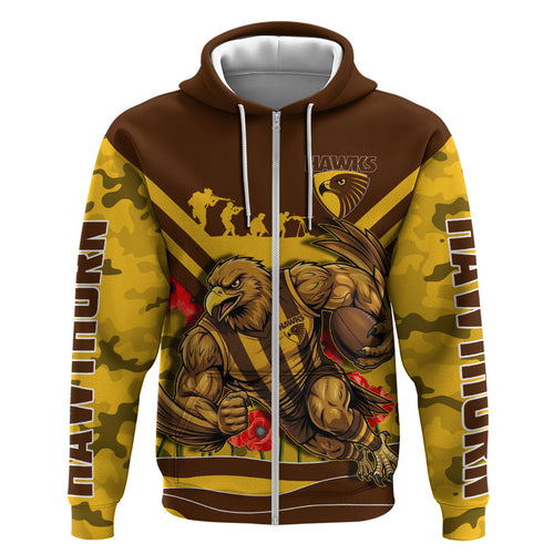 Personalised Hawthorn Hawks ANZAC Zip Hoodie Military Remembrance Australian Football Mascot Camouflage