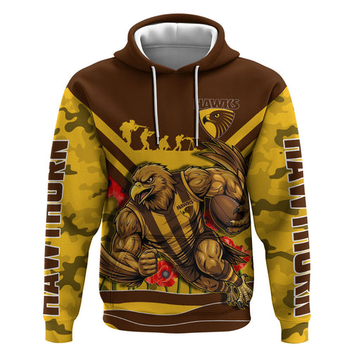 Personalised Hawthorn Hawks ANZAC Zip Hoodie Military Remembrance Australian Football Mascot Camouflage