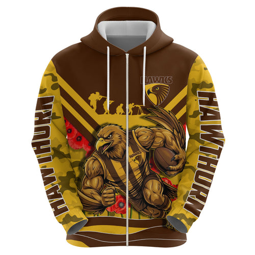 Personalised Hawthorn Hawks ANZAC Zip Hoodie Military Remembrance Australian Football Mascot Camouflage