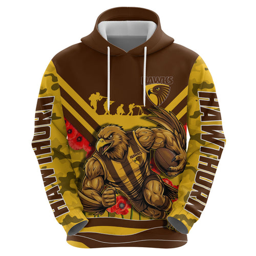 Personalised Hawthorn Hawks ANZAC Zip Hoodie Military Remembrance Australian Football Mascot Camouflage