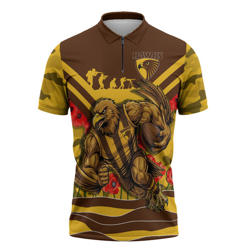 Personalised Hawthorn Hawks ANZAC Zipper Polo Shirt Military Remembrance Australian Football Mascot Camouflage