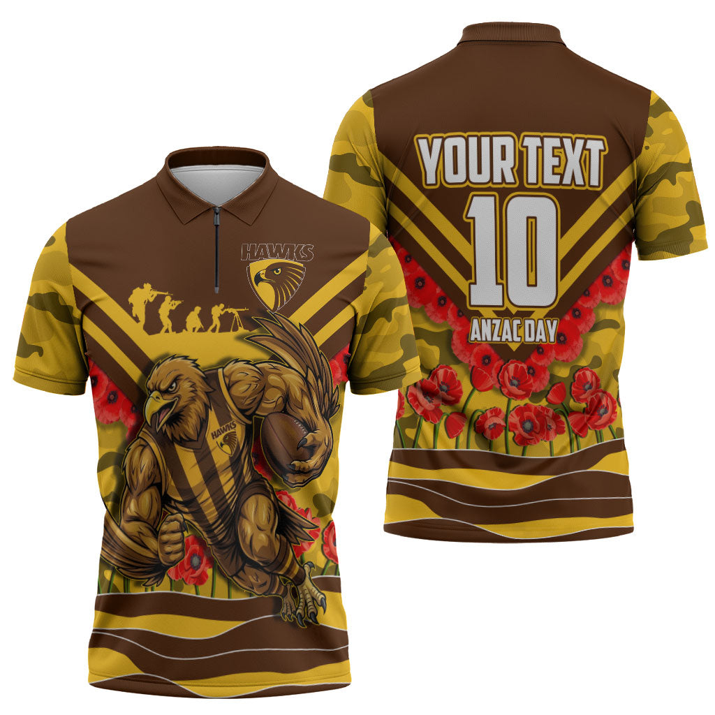 Personalised Hawthorn Hawks ANZAC Zipper Polo Shirt Military Remembrance Australian Football Mascot Camouflage