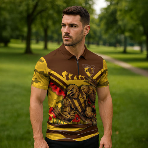 Personalised Hawthorn Hawks ANZAC Zipper Polo Shirt Military Remembrance Australian Football Mascot Camouflage