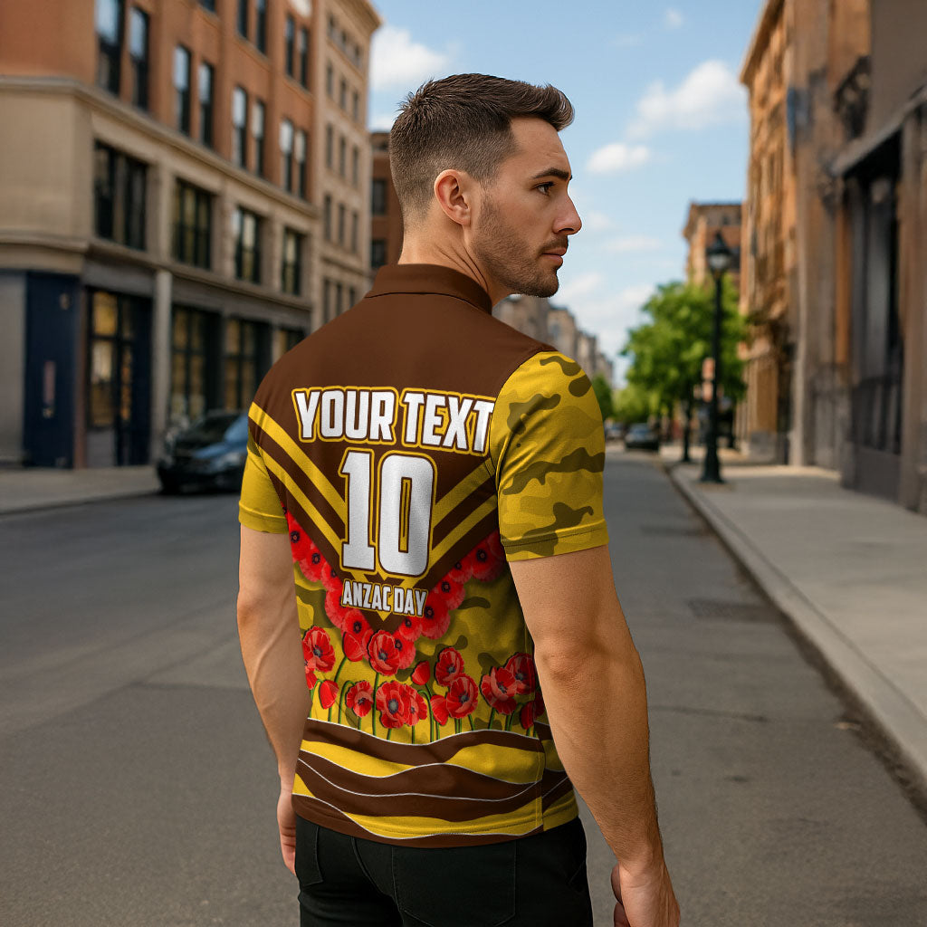 Personalised Hawthorn Hawks ANZAC Zipper Polo Shirt Military Remembrance Australian Football Mascot Camouflage