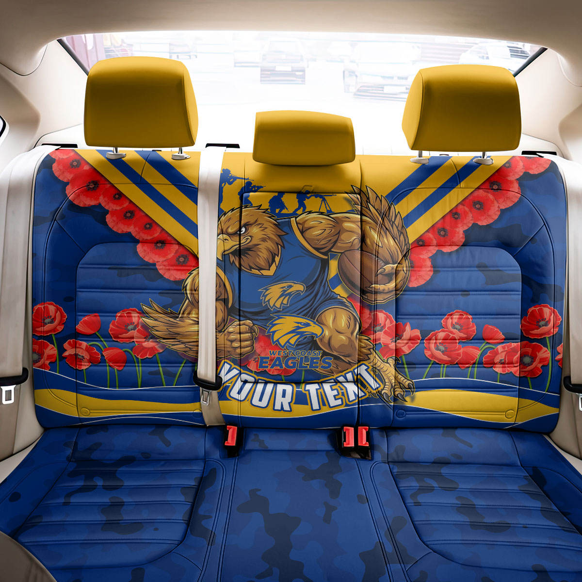 Personalised West Coast Eagles ANZAC Back Car Seat Cover Military Remembrance Australian Football Mascot Camouflage