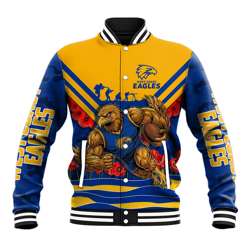 Personalised West Coast Eagles ANZAC Baseball Jacket Military Remembrance Australian Football Mascot Camouflage