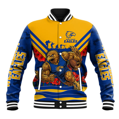 Personalised West Coast Eagles ANZAC Baseball Jacket Military Remembrance Australian Football Mascot Camouflage
