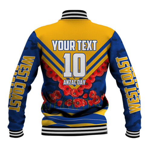 Personalised West Coast Eagles ANZAC Baseball Jacket Military Remembrance Australian Football Mascot Camouflage
