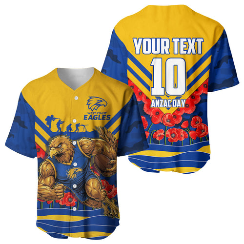 Personalised West Coast Eagles ANZAC Baseball Jersey Military Remembrance Australian Football Mascot Camouflage