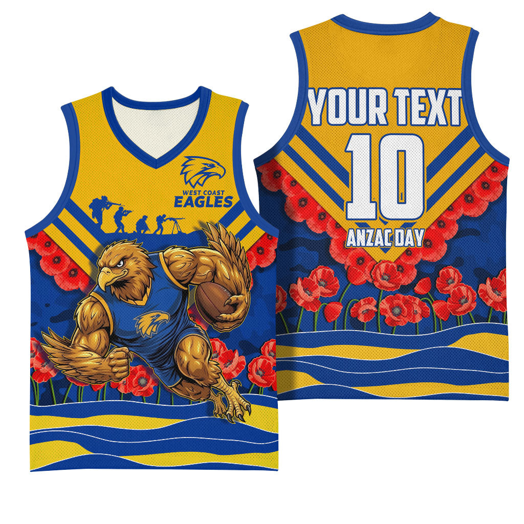 Personalised West Coast Eagles ANZAC Basketball Jersey Military Remembrance Australian Football Mascot Camouflage