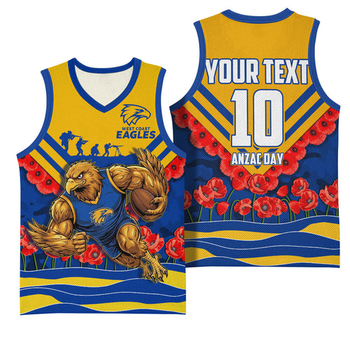 Personalised West Coast Eagles ANZAC Basketball Jersey Military Remembrance Australian Football Mascot Camouflage