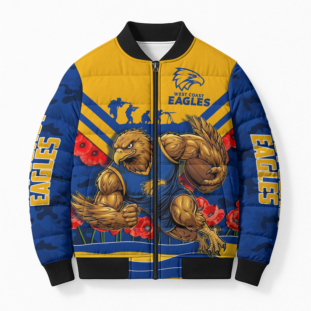 Personalised West Coast Eagles ANZAC Bomber Puffer Jacket Military Remembrance Australian Football Mascot Camouflage