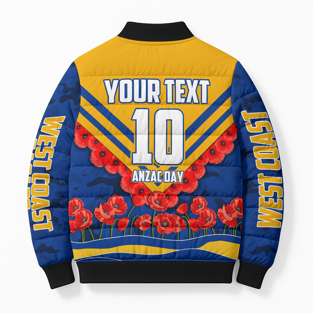 Personalised West Coast Eagles ANZAC Bomber Puffer Jacket Military Remembrance Australian Football Mascot Camouflage